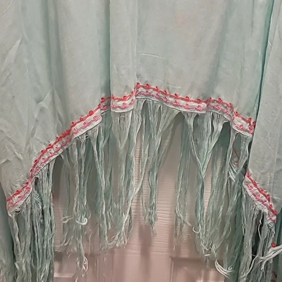 Embroidered Seafoam Swimsuit Coverup With Fringed Hem Pink And Coral One Size - Picture 8 of 10